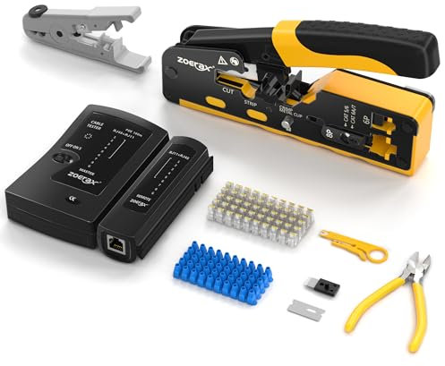 Herramienta de crimpado Cat7 RJ45, Cat 7 Cat6 Cat5 Pass Through Ethernet, herramienta de crimpado de red con probador de cables, pelacables múltiples, cuchillas, 50 conectores Cat 6 y botas de alivio