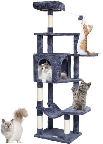 VEVOR Tiragraffi per Gatti da Interno 154 cm Torre per Gatti con Cuccia per Gatti, Trespolo Superiore, Piattaforme per Salti, Grande Centro Attività per Mobili per Gatti con Palla Appesa, Grigio Scuro