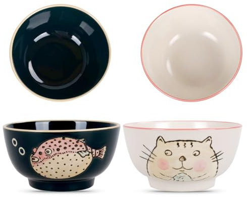 CoolChange Lot de 2 bols à riz japonais mignons peints à la main | Bols asiatiques | Décor : chat et poisson