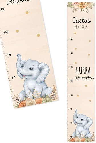 Bärenfreunde® - Personalisierte Messlatte Kind Holz zum Kleben oder Aufhängen - Skala 70-140cm - Süße Dekoration für Baby- & Kleinkinderzimmer (Kinder 70-140cm, Elefant)