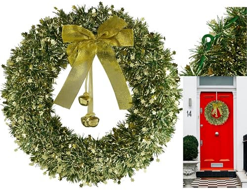Green Wreath for Front Door Hanging 40cm - Large Door Christmas Wreath for Grave with Bells and Ribbon Bow, Thick Winter Wreath Windows Decorations