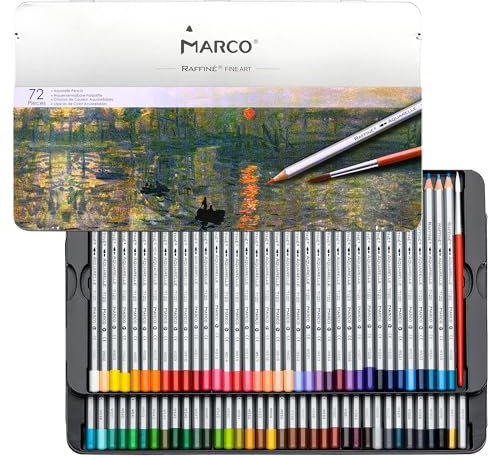 MARCO 7120 Buntstifte - 72 Wasserlösliche Farben - Sechskantige Holzstifte mit Pinsel - Set für Anfänger - In einer eisernen Schachtel verpackt, leicht tragbar