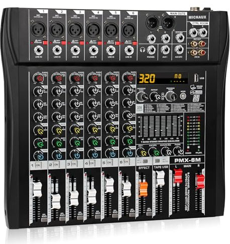 MICNAUX Audio Mixer 6 Channel Professional Mixer Console with 320 DSP Effects, 7-band EQ Sound Mixing Board Digital DJ Mixer w/USB Bluetooth MP3 for Recording, Independent 48V Power & Mute Button