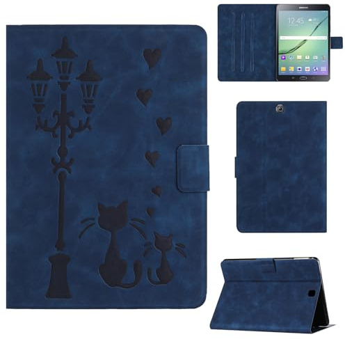 Rosbtib Custodia per Samsung Galaxy Tab S2 9.7 Pollici 2015 SM-T810/T815 Custodia protettiva in ecopelle con supporto, stampa di una coppia di gatti sotto il lampione, per Galaxy Tab S2 9.7, Blu