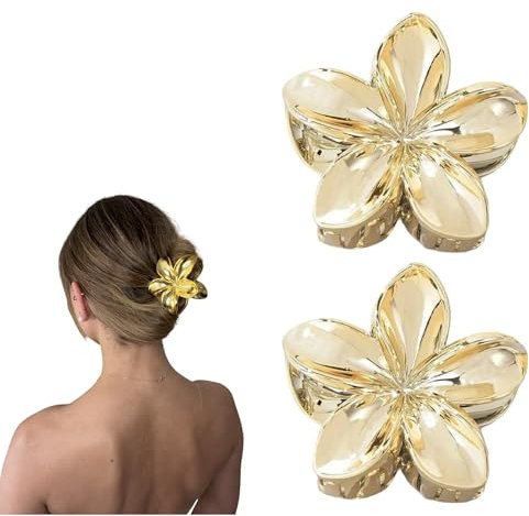 Gold Blumen Haarklammern groß 2Stk - 8 cm XXL-Haarspangen, Metallic-Haarklipse Damen Mädchen Haarschmuck, Hair Claw Clip - Hawaii Blume Spange, Zöpfe Schmuck, Klauenclip - Clean Girl Accessoires