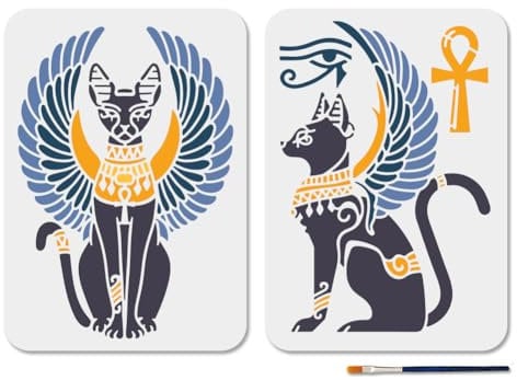 MAYJOYDIY 2 Stück Ägyptische Katzen Schablonen 29.7×21cm Ägyptische Geflügelte Katzen Schablone Mit Pinsel Schablone Schlüssel Zum Leben“Auge Des Horus Vorlage Für Holz Wände Fenster Heimdekoration