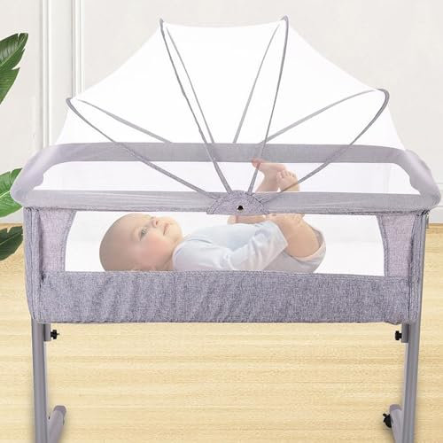 WODFARR Beistellbett mit Matratze und Moskitonetz, höhenverstellbar, Beistellbett für Babys von 1 bis 36 Monaten, mobiles Babyzimmer (96 x 57 x 77 cm, Grau)