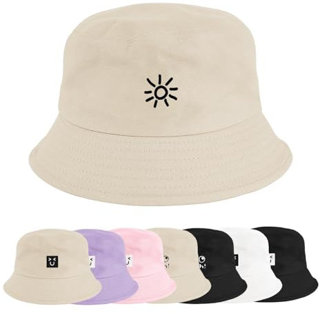 Xnova Fischerhut Bucket Hat Herren Damen Bunt, Druck Mütze Strand-Sonnenhut Anglerhut Sonnenschutz, Baumwoll Sommerhut Bestickte Fischerhüte Unisex Outdoor Hüte (Sonne-Beige, 56-58 cm)