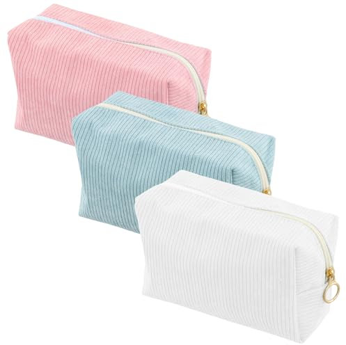 Lot de 3 trousses de maquillage en velours côtelé avec fermeture éclair en métal pour le rangement et le transport de soins de la peau, cosmétiques, articles de toilette - Blanc, rose, bleu, Blanc,