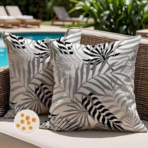 Jayusaror Outdoor Kissenbezug 45x45 cm Schwarz Grau Kissenhülle Wetterfest Sofakissen Gartenkissen Sommer Tropische Blätter Deko Kissen Kissenbezüge für Sofa Garten Deko 2er Set