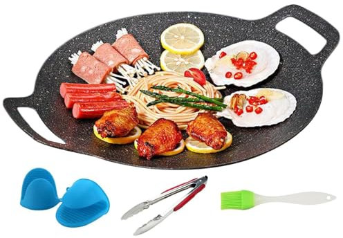 Peufcmi Grillpfanne, 32CM BBQ Grillplatte, Koreaner BBQ Grill Pfannes, Nicht Stick Runde Backpfanne, Herdplatte Grillaufsatz, Antihaftbeschichteter Grill, Runde Bratpfanne Für Gaskocher Induktion