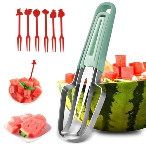 Cortador de Sandía de Acero Inoxidable, Cortador de Frutas 3 en 1, Corta-dor de melón con 6 Tenedores, Tenedor de sandía, Cortar Sandía, Melón y Frutas, para Fiestas Picnics Casa