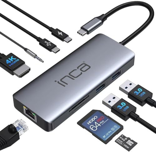 inca 9 in 1 USB C Hub ITPC-10TX, 2 x USB 3.0 + SD/TF Kartenleser + LAN 1000 Mbit/s + Daten + 3.5mm Audio + HDMI 4K@60Hz + PD100W, USB C Docking Station für MacBook, Dell, Chromebook Aluminiumgehäuse