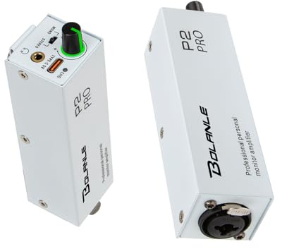 Bolanle P2C Wired In-Ear Monitor Amplifier, USB-C or AAA Power, White | Wired belt-pack amp with XLR/TRS input, mono or stereo mode and 3.5 mm output. USB-C is power only. Earphones not included.