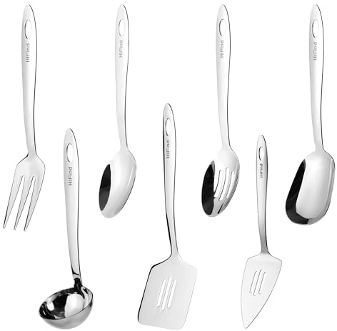 Juego de utensilios de servicio de acero inoxidable, 7 pequeños utensilios de cocina, cucharón, espátula con ranuras, tenedor de carne, ranuras, pala para pastel, cuchara sólida, cuchara cuadrada
