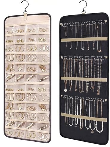 Pomodee Organizer per Gioielli da Appendere, Porta Collane, Nero | Porta orecchini organizer antipolvere con ganci metallo – porta gioielli da viaggio per armadio, anelli