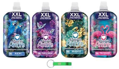 Puro Amore Weichspüler XXL Testpaket Konzentrierter Weichspüler Ammorbidente Concentrato 86 Wäschen 4 Verschiedene Düfte / 4 x 1800ml + Beni Culinari Kostenloser Schlüsselanhänger