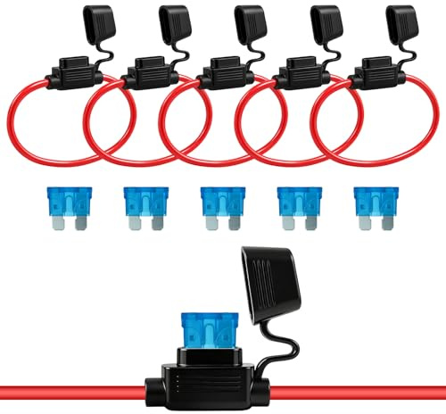 Wcawnlt 5pcs 16AWG Sicherungshalter mit 12v porte fusible 16AWG porte fusibles moyen lame enfichable etanche avec fil 15A pour voiture auto moto 12v
