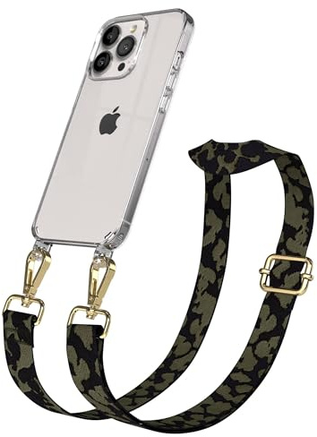 EAZY CASE Handykette - Verstellbares Taschenband kompatibel mit iPhone 13 Pro, Schulterriemen, Handykordel mit Silikon Hülle, Umhängetasche, Dunkelgrün Camouflage Gold