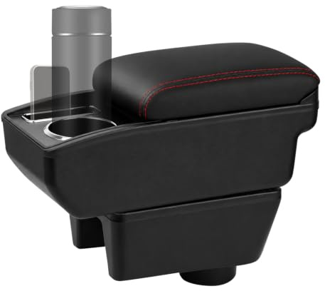 Armlehnenfach Für Seat Ibiza, Mittelarmlehnenfach Mit Handyfach, Getränkehaltern Und Zweistufigem Stauraum, Einfache Montage, Komfortabel Und Langlebig, Schwarz Mit Roten Nähten(For Seat Ibiza IV)