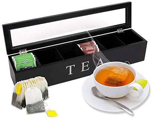 Oramics Teebox mit 6 oder 9 Fächern in Weiß oder Schwarz im edlen Holzdesign Teekiste Tee Aufbewahrung inklusive E-Book (Schwarz, 6 Fächer)