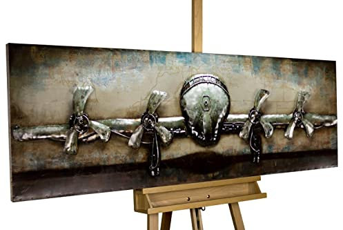 KunstLoft Metallbild 3D | 100% HANDGEFERTIGT | 144x44x7cm | Wandbild Metall Deko 'Rotating Propeller' | Flugzeug | Beige Grau | Metall Wanddeko Wohnzimmer