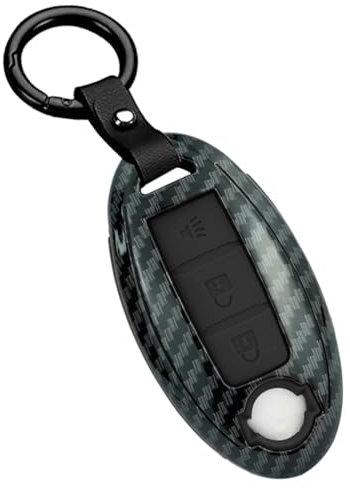 Ontto Coque de protection pour clé de voiture et porte-clés en fibre de carbone avec motif en silicone ABS pour éviter les rayures Compatible avec Nissan Cube Juke Noir