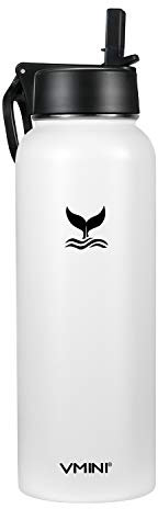 Vmini Water Bottle with Straw, Wide Rotating Handle Straw Lid, Wide Mouth Vacuum Insulated Stainless Steel Water Bottle, White, 40 oz