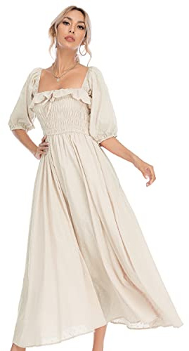 R.Vivimos Women Square Neck Puff Sleeve Boho Midi Dress | Off Shoulder,Backless,Elastic Smock Bust,Empire Waist,Floral,A Line,Casual,Beach,Milkmaid,Vacation,Peasant,Party,Long Dresses