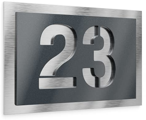 Graviers Design Numero civico personalizzabile in vetro acrilico + acciaio inox V2A 250 x 175 mm metallizzato, Resistente alle intemperie, Antiruggine, Targa per porta d’ingresso, Made in Germany