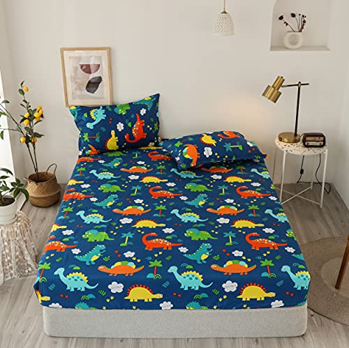 Damier Kinder Spannbettlaken 90x200cm Dino Muster Spannbetttuch mit Gummizug Jungen Kids Dinosaurier Bettlaken geeignet für Matratzen bis 30cm