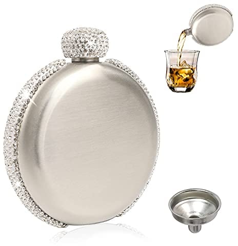 5OZ Hip Liquor Flask Rhinestone Bling Bling Leakproof Wine Flasks 304 Stainless Steel Portable Whiskey Flask with Funnel, Great Gift for Women Girls (Silver)