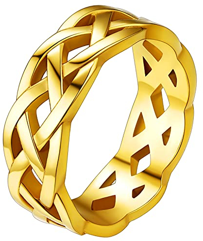FaithHeart goldener Irischer Keltischer Knot Fingerring 7mm breit Bandring Celtic Knot Ring für Damen Mädchen