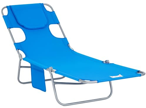 Outsunny Foldable Sun Loungers Beach Chaise Lounge Blue | Reading Hole, Arm Slots, 5-Position Adjustable Backrest, Side Pocket, Pillow, Garden, Beach, Camping