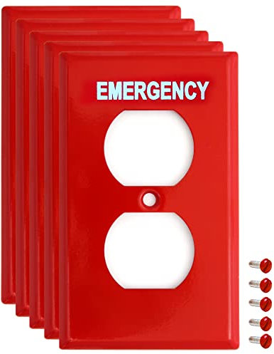 (5 Stück) rote Notsteckdosenabdeckungen, Duplex-Steckdosenschalter-Wandplatte, 1-Gang Standardgröße, strapazierfähig, rotes Metall, mit weißer Siebdruck-Schrift, codekonform, auffällig