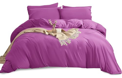 Imperial Rooms Double Duvet Cover Set Brushed Microfiber Plain Purple Bedding Set with Pillow Cases Ultra Soft Button Closure Quilt Cover (200 x 200 Cm)