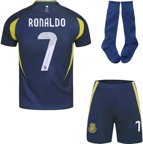 YSGTZY 2024/2025#7 Nassr Riyadh Al Away Football Soccer Jersey/Shorts Socks Gift Set Youth Sizes (Blue, 26)