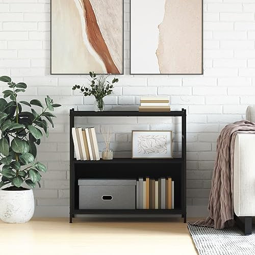 Homgoday Schwarzes Bücherregal 80 x 30 x 78,5 cm aus mehrschichtigem Holz und Eisen, Bücherregal, Vitrine, vertikales Bücherregal, platzsparend, Bücherregal für Wohnzimmer, Arbeitszimmer,