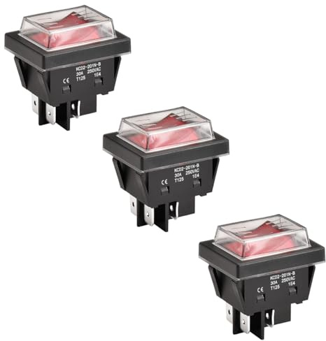 Heschen Hochstrom-Wippschalter, 30 A, 250 V AC, EIN/AUS, 2 Positionen, DPST, 4 Anschlüsse, T125, mit wasserdichter Abdeckung (3, Rot)