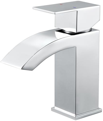 Faustina Waschtischarmatur Wasserhahn Bad für Waschbecken Wasserfall Eckig, Einhebelmischer Waschbeckenarmatur für Bad, Mischbatterie Armatur für Badezimmer, Edstahl poliertes Chrom