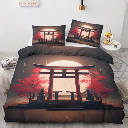 zcwl Japanische Torii Bettwäsche 140x200 Sommer, Asiatische Bettbezug Set 2 teilig, Weiche Kuschelige Mikrofaser Bettwäsche-Sets, Wendebettwäsche und 1 Kissenbezug 70x90 mit Reißverschluss