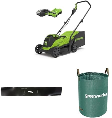 Greenworks 24V Cordless Lawnmower, 33cm Cutting Width with 2Ah Battery & Charger-GD24LM33K2 + Greenworks Original 33cm replacement blade + Greenworks Tools 120 L garden waste bag Green, AMP-120CB