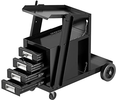 GYMAX Carro de Soldadura Rodante con 4 Cajones, Carga 45 kg, Carro de Herramientas con Almacenamiento y Cadena de Seguridad, para Soldadores y Cortadores de Plasma para Garaje, Taller