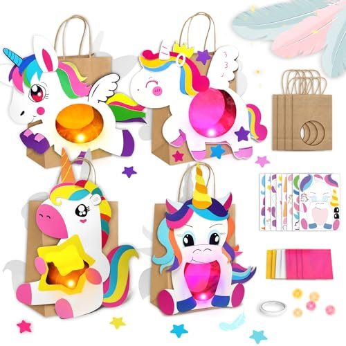 BuzzoXerex 4 Stück Einhorn Laternen Bastelset (21*15*8 cm), Laterne zum Selber Basteln für st Martin, Laternenumzug Bastelset mit Papiertüten, LED Licht, Einhorn Lampions Set für Kinder ab 3+ Jahre