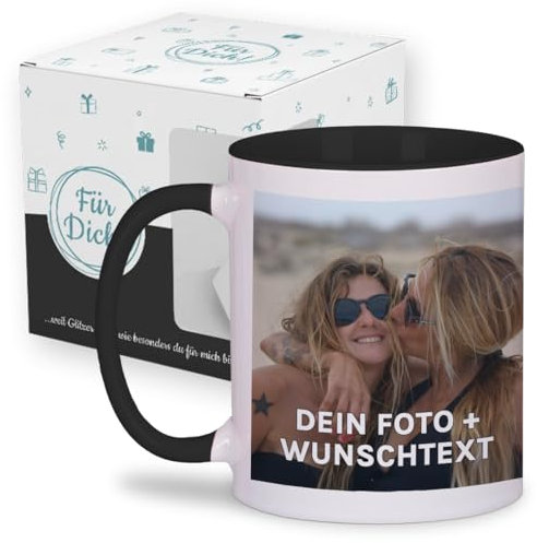 Personalisierte Tasse | personalisiert mit Foto oder Text | Tasse mit Bild | Geschenkidee | Fototasse | Bürotasse oder für Zuhause | Spülmaschinenfest | Schwarz mit Geschenkkarton