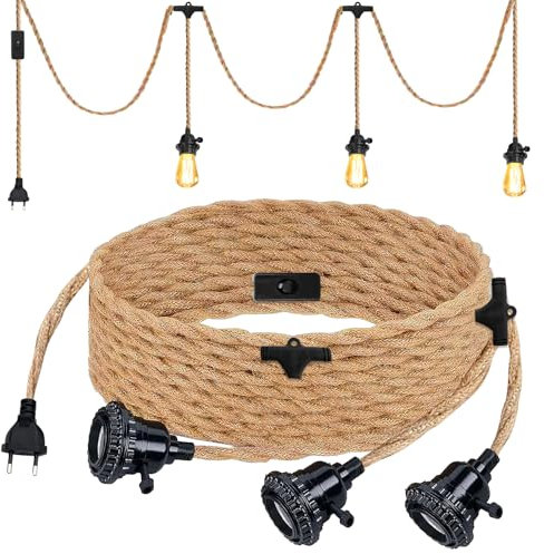 Lustre Corde de Chanvre de 6.8 Mètres, Tête 3-Flamme Suspendue Câble de Lumière Corde E27 Prise, Vintage Lustre Corde Chanvre avec Prise Interrupteur, DIY Lampe Suspension pour Maison Chambre Bar
