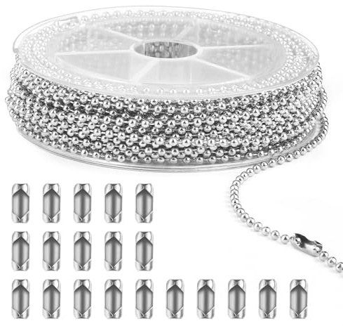 JSMTKJ 10 Meter Kugelkette Edelstahl Perlen Rollenkette Silber Kugelkette | Edelstahl mit 20 Passenden Anschlüssen Kugelketten 2.4 mm Edelstahl Verlängerungskette für DIY-Herstellung