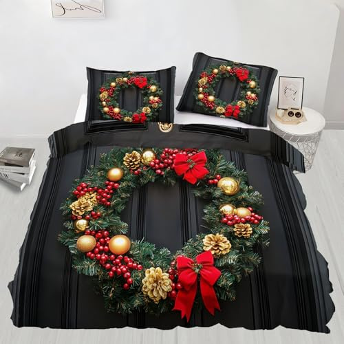 Bettwäsche-Set mit Weihnachtskranz, 3-teiliges Bettwäsche-Set mit Weihnachtsmotiv, Rot und Gold, Stechpalme, 3-teiliges Bettwäsche-Set mit Kissenbezug, Ganzjahresdekoration, Bettbezug mit