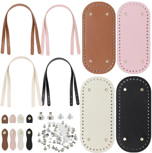 GUBOCA Taschenhenkel Set,Taschenverschluss,Taschenboden Zum Häkeln | 4 Leder Taschenverschluss,4 Paar Leder Taschengriffe,4 Leder Taschenboden zum Häkeln,35 Nieten,Taschengriffe für DIY