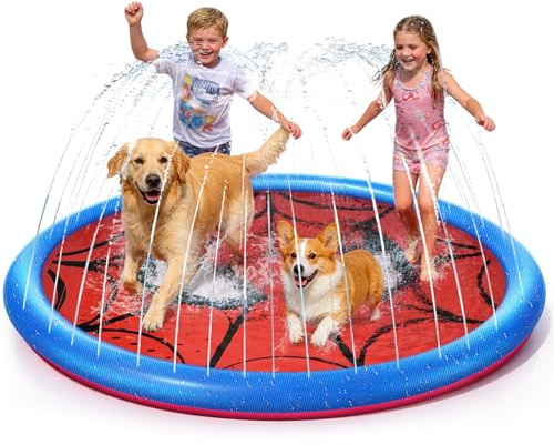 Lubolee Piscina Chorros Niños con Patrón de Red, Juegos de Agua Splash Pad para Niños & Perros, Chorros de Agua de Antideslizante - Juguete de Agua de Riego para Exterior Actividades (170cm)